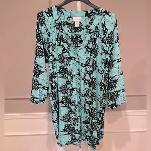 Soft Surroundings tunic Large aqua black 3/4 sleeve button down top blouse shirt